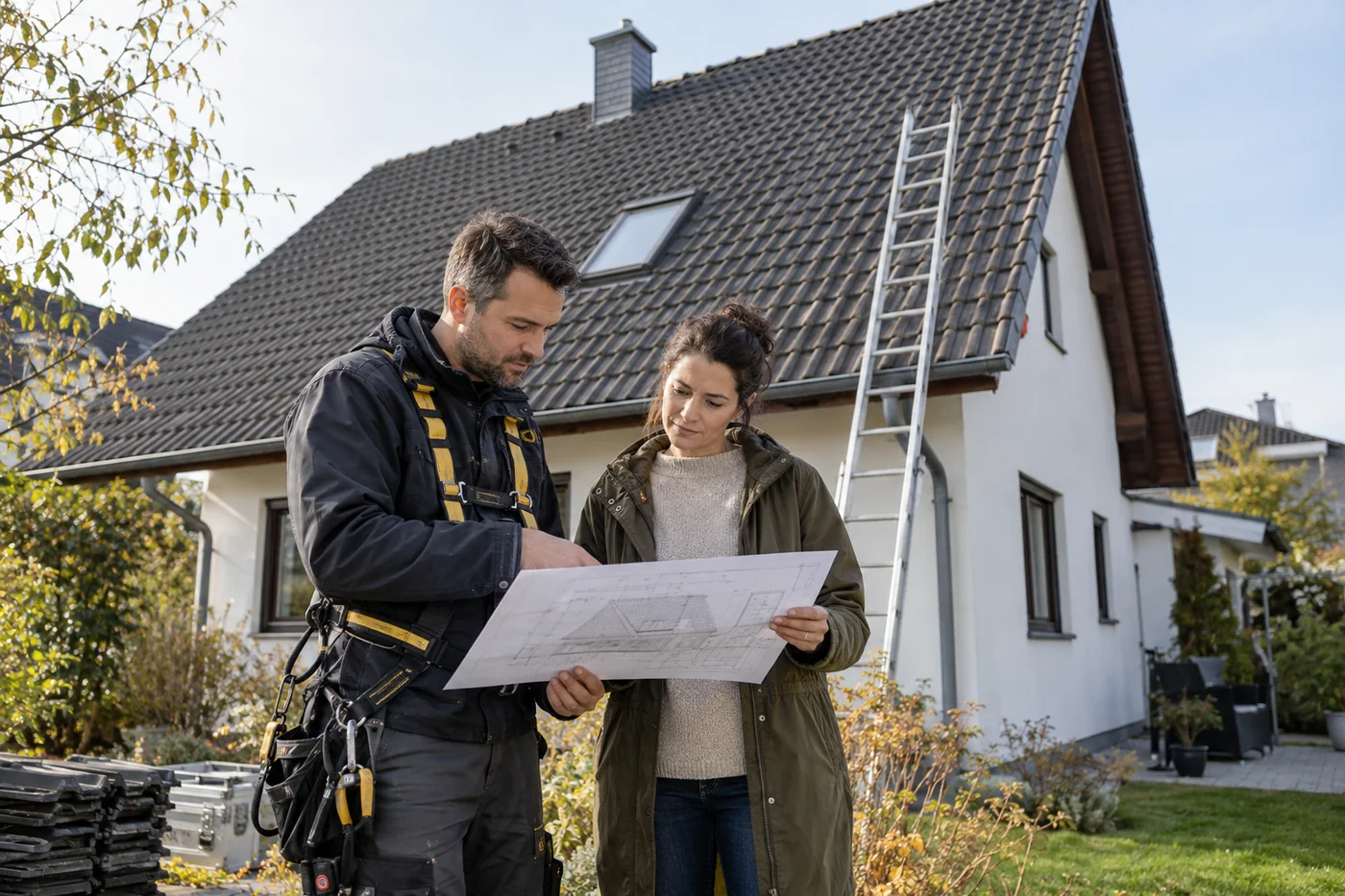 Fachperson und Hauseigentümerin besprechen die Planung einer Solaranlage