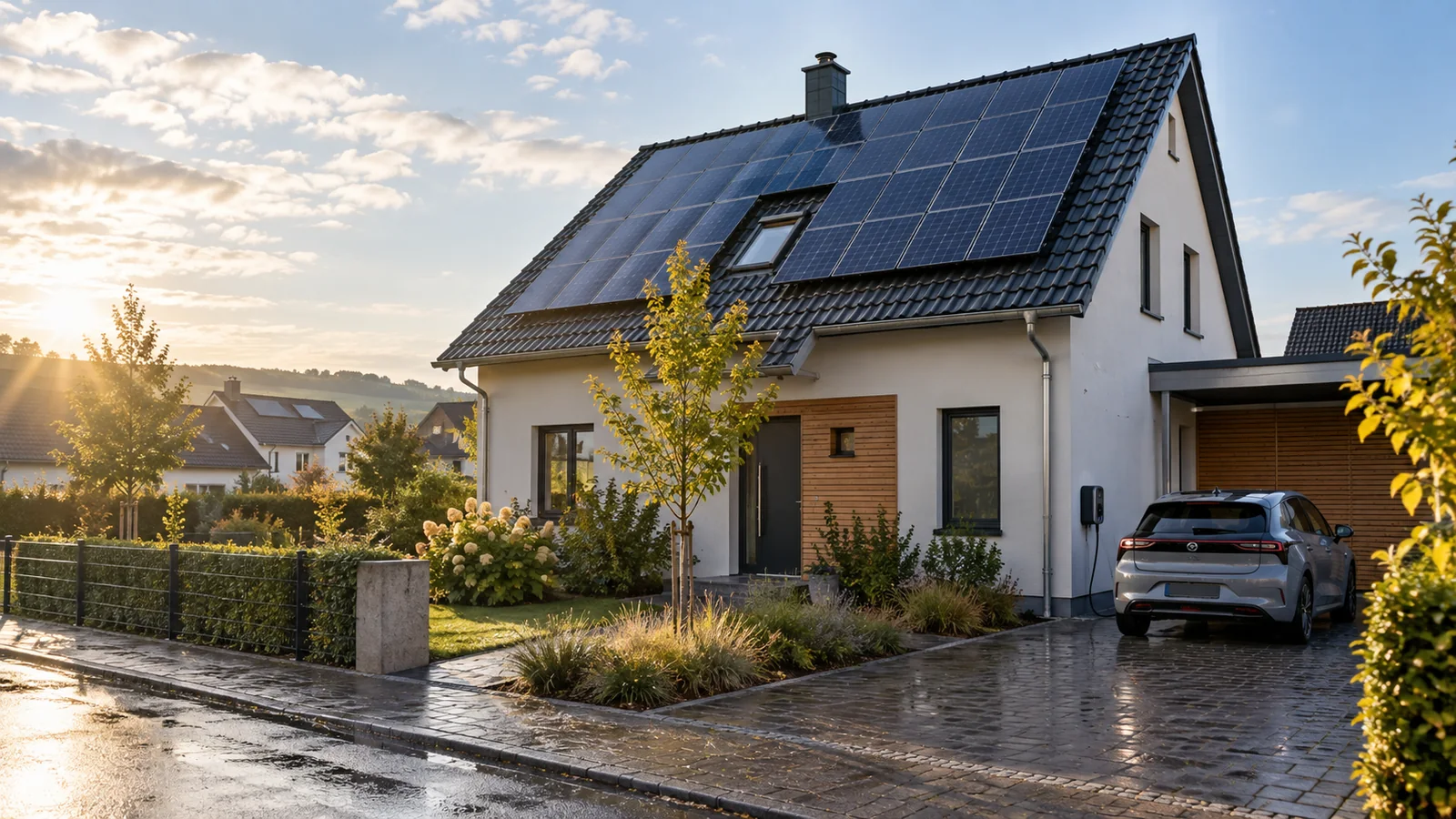 Wohnhaus mit Photovoltaikanlage und Elektroauto an einer Wallbox