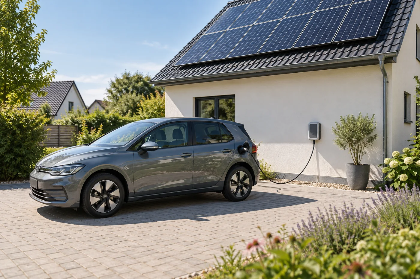 Elektroauto mit klarer Fahrzeugkontur und Abstand zur Hauswand beim Laden an einer Wallbox